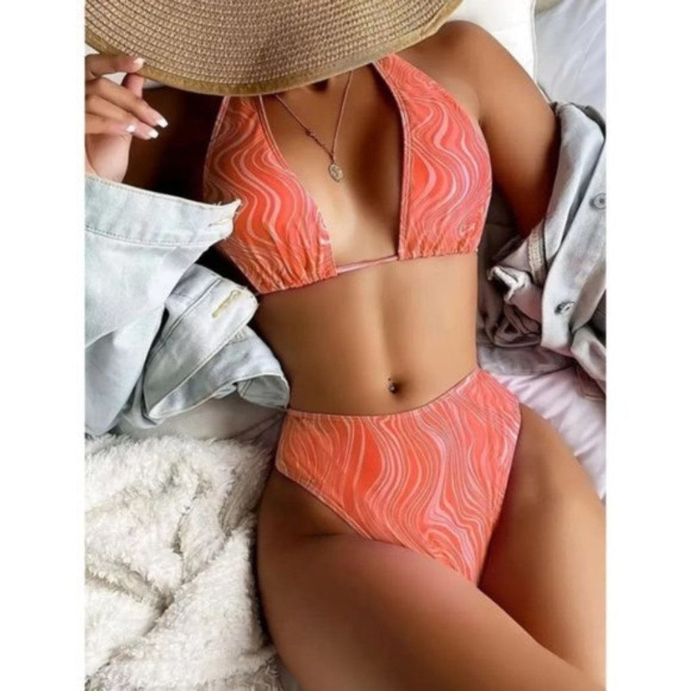 Geometric Swirl Pattern High Waisted Bikini Two Piece Swimsuit Coral Pink